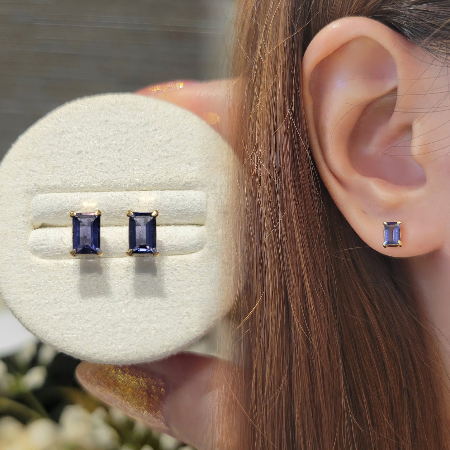 Kofu Artisan | K18 Iolite Rectangle Single Stud 'Hermes'